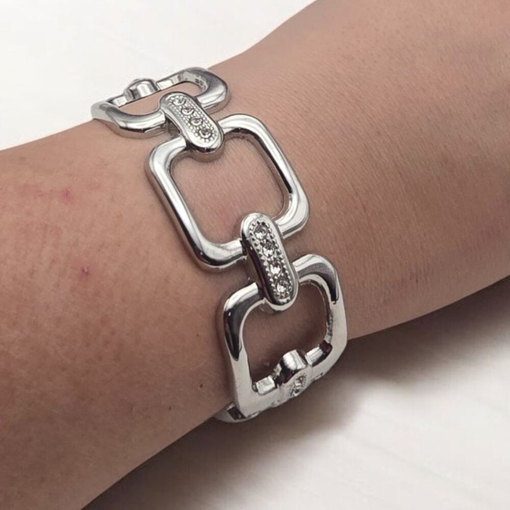 Chunky Silver Tone Link Hinged Bracelet with Rhinestone Accents